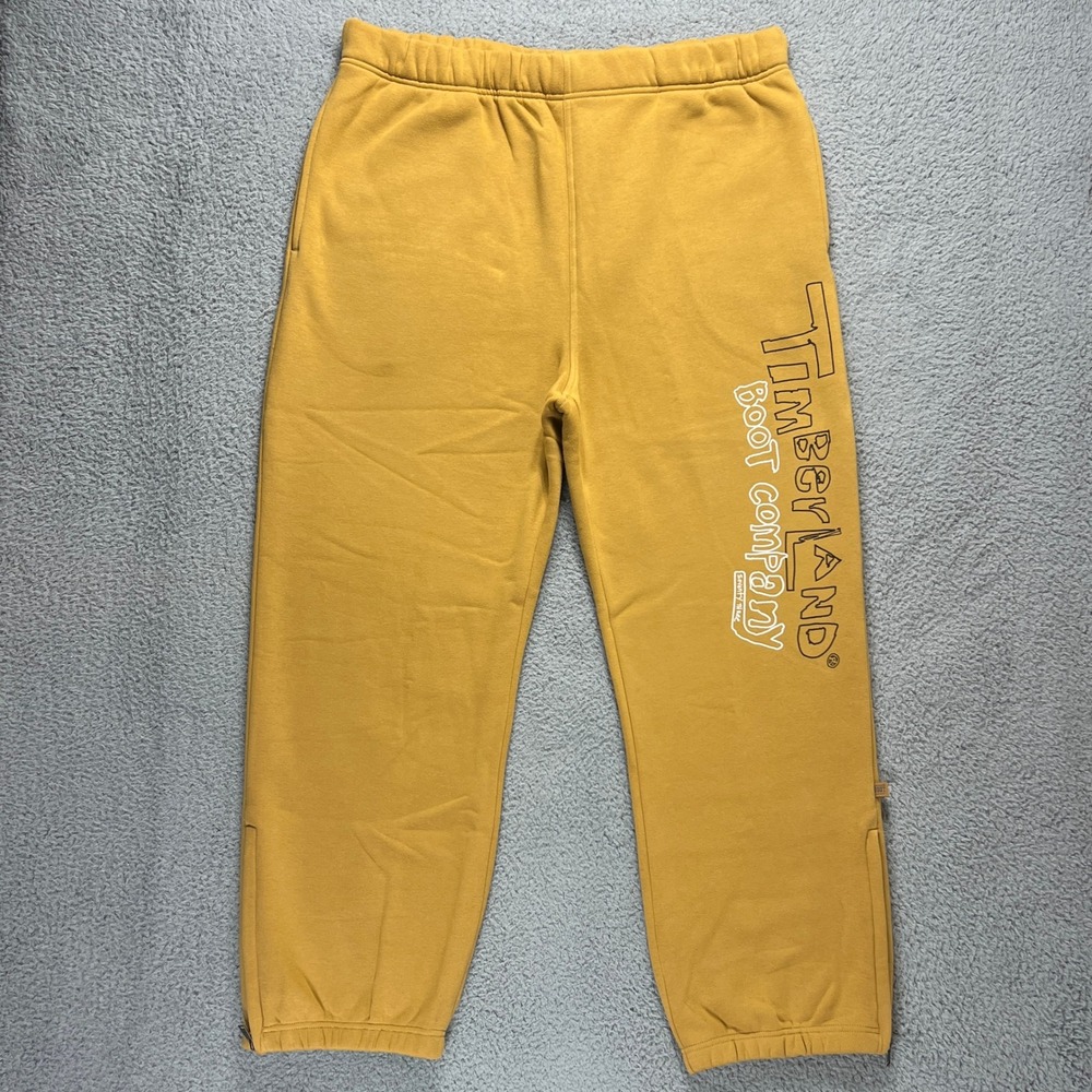 Timberland Sweatpants Mens XL Mustard Yellow Boot Company Graphic Logo Ankle Zip
